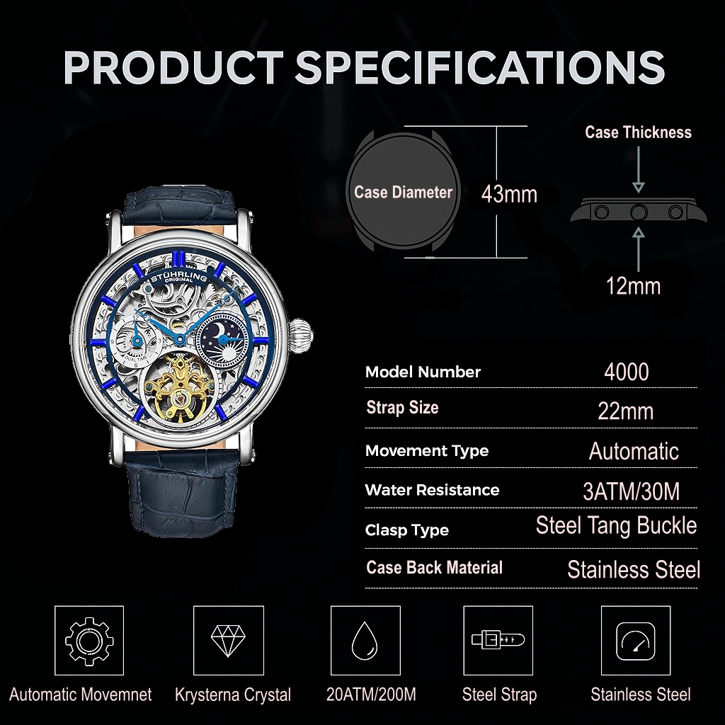 Fqbi Watches Macrocosm 4000 Automatic 43mm Skeleton with Dual Time