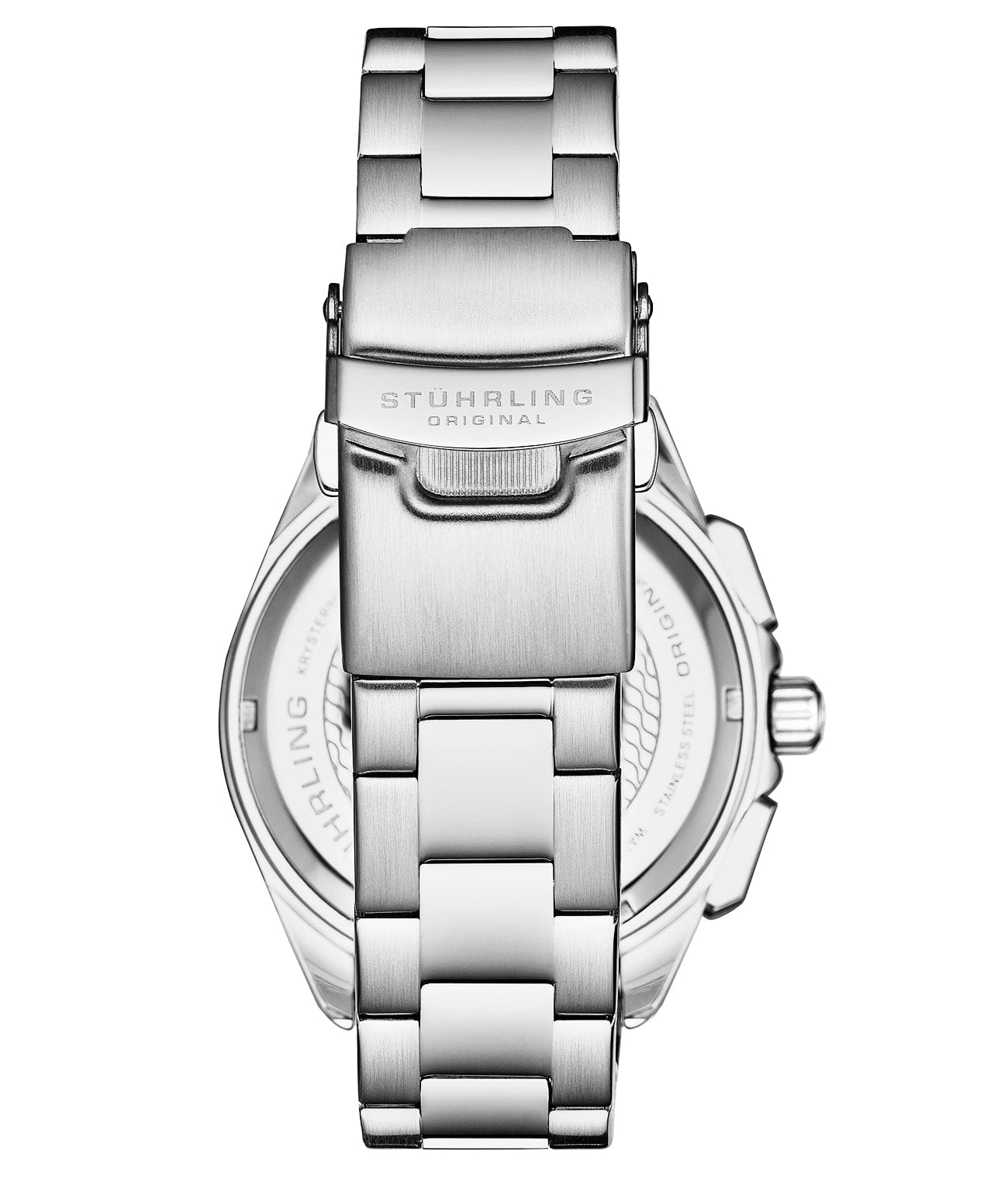 Close-up of Stuhrling silver stainless steel watch band showing polished links and clasp