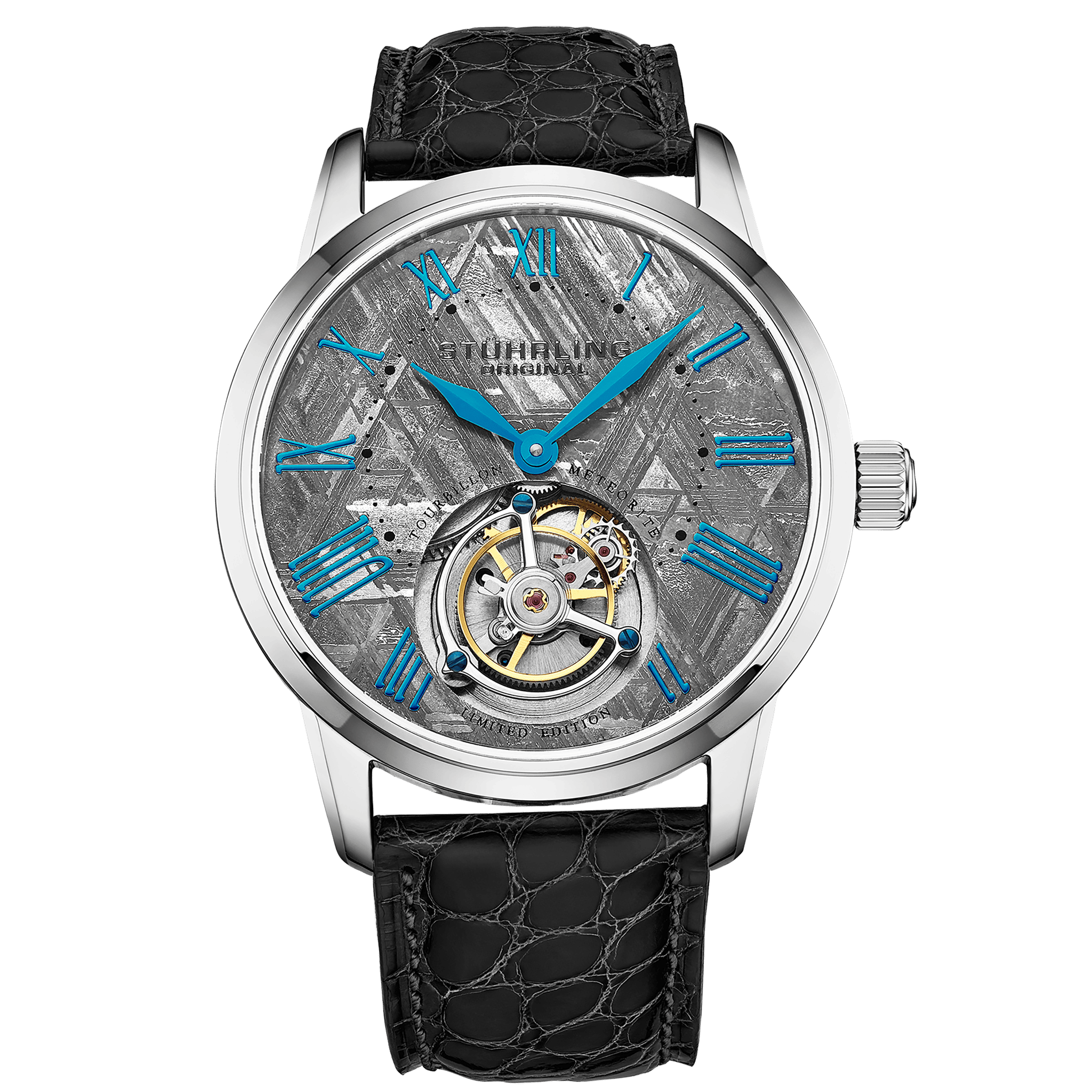 Luxury watch with black leather strap and visible mechanical components on a white background