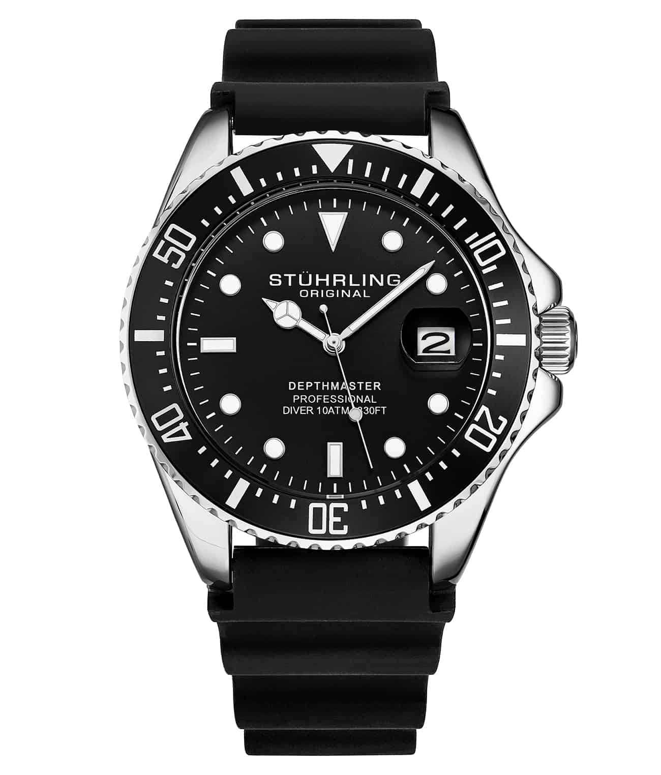 A black and silver Stühling dive watch with a rotating bezel, minute markers, and a rubber strap.