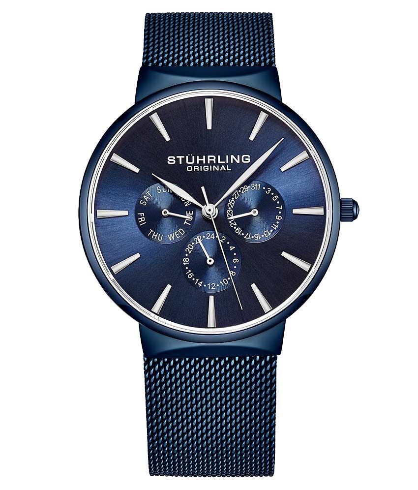 A blue Stühling watch with a polished bezel and a stainless steel mesh bracelet.