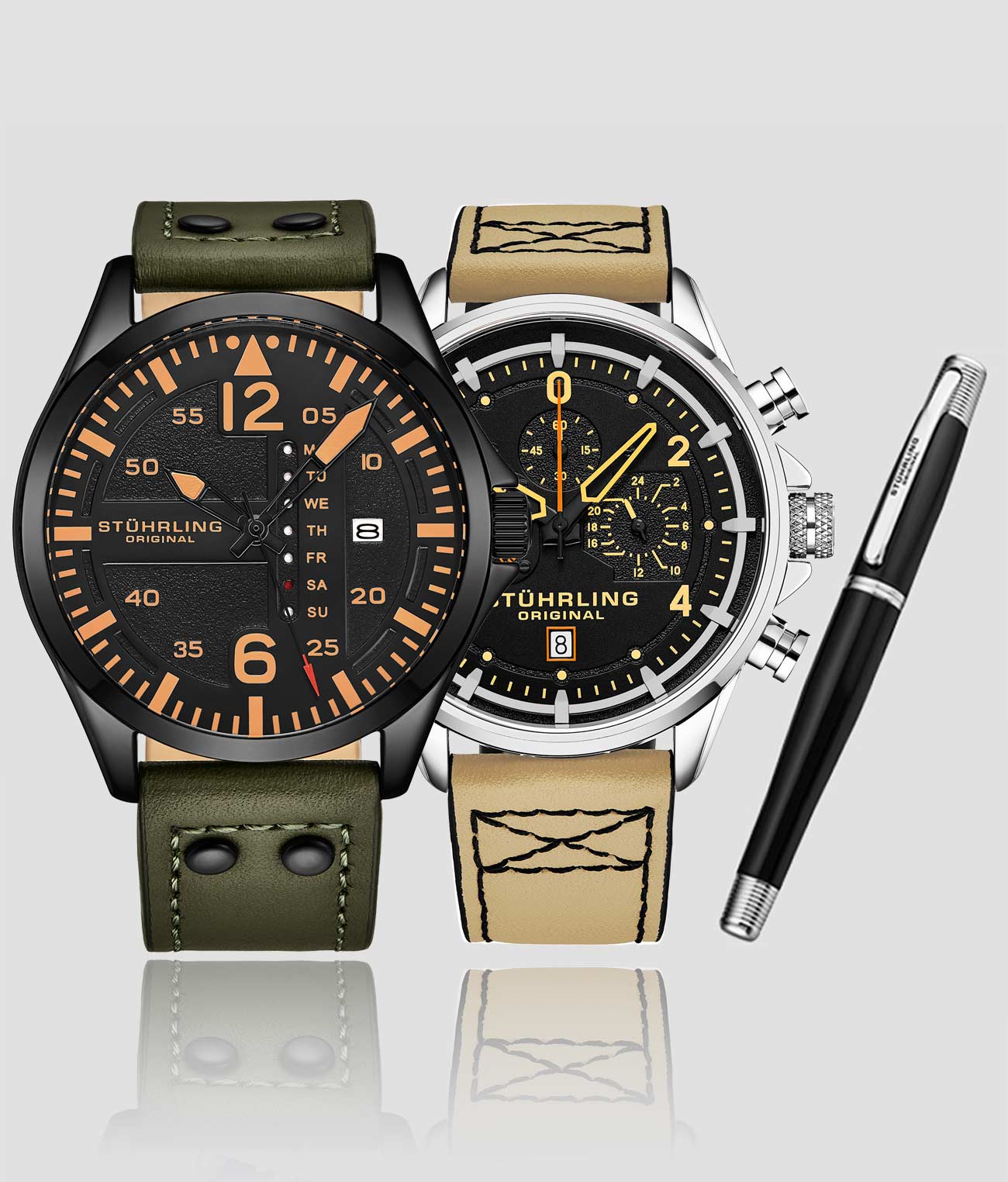 Aeronaut 44mm Aviator, Volda 45mm Aviator, and Fqbi Watches Signature Pen