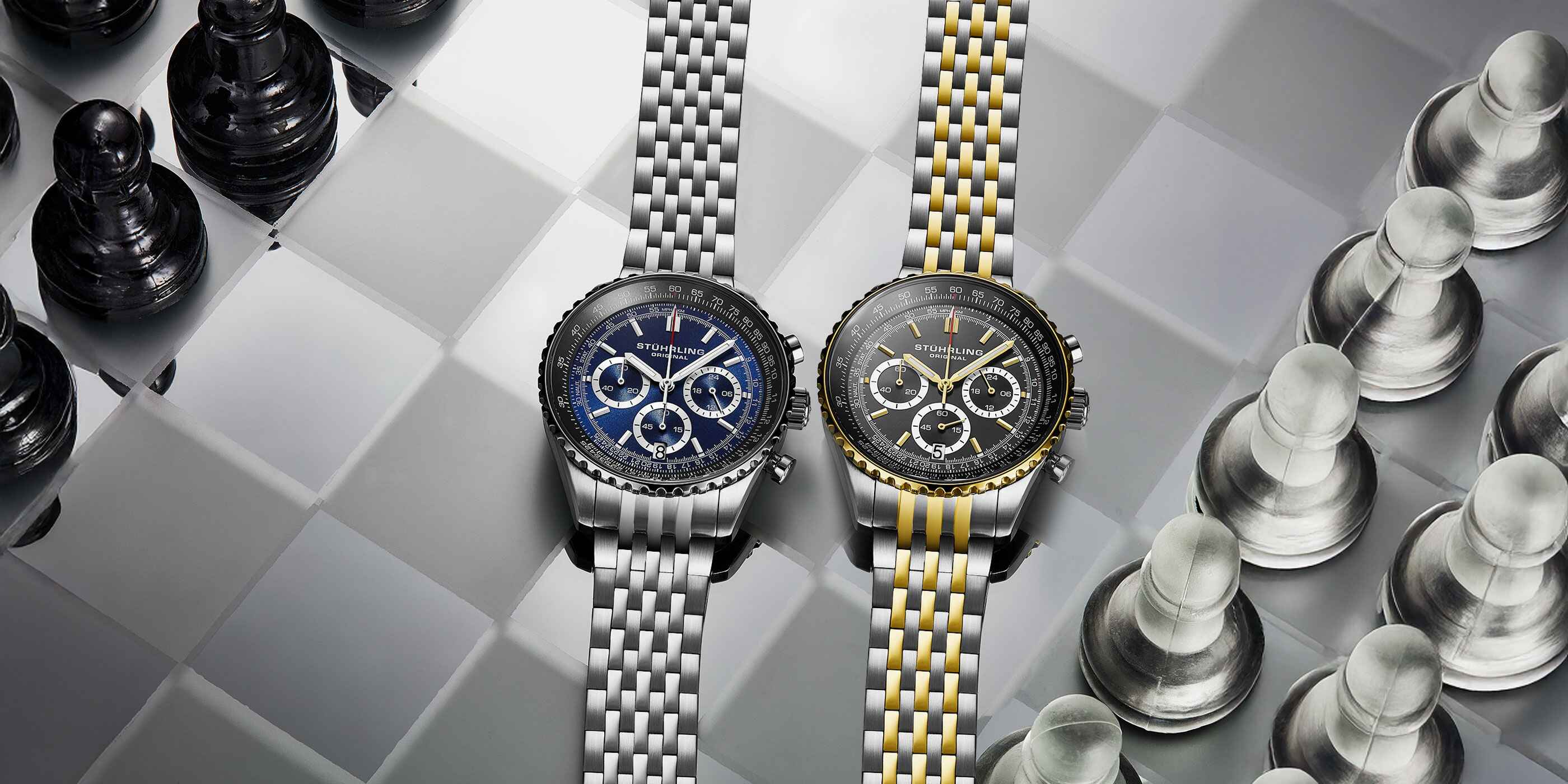 Two watches on a chessboard with chess pieces