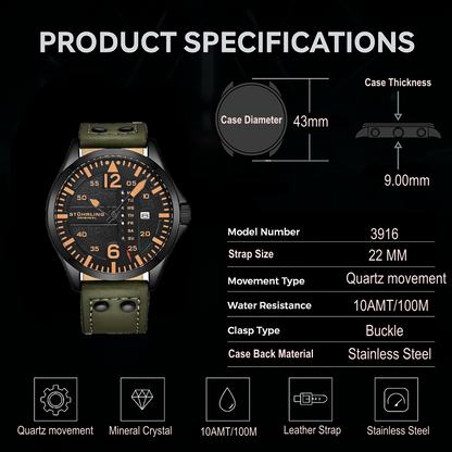 Fqbi Watches Aeronaut 3916 Quartz 43mm Aviator