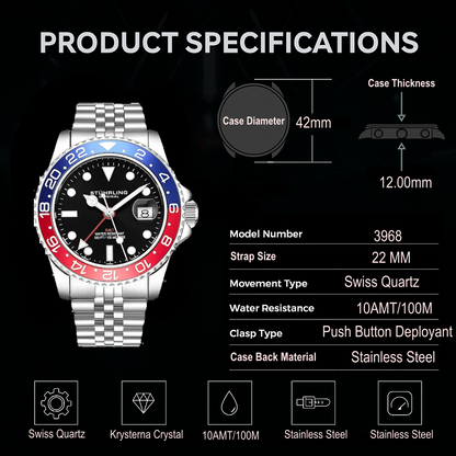 Fqbi Watches Meridian 3968 GMT Quartz 42mm Diver