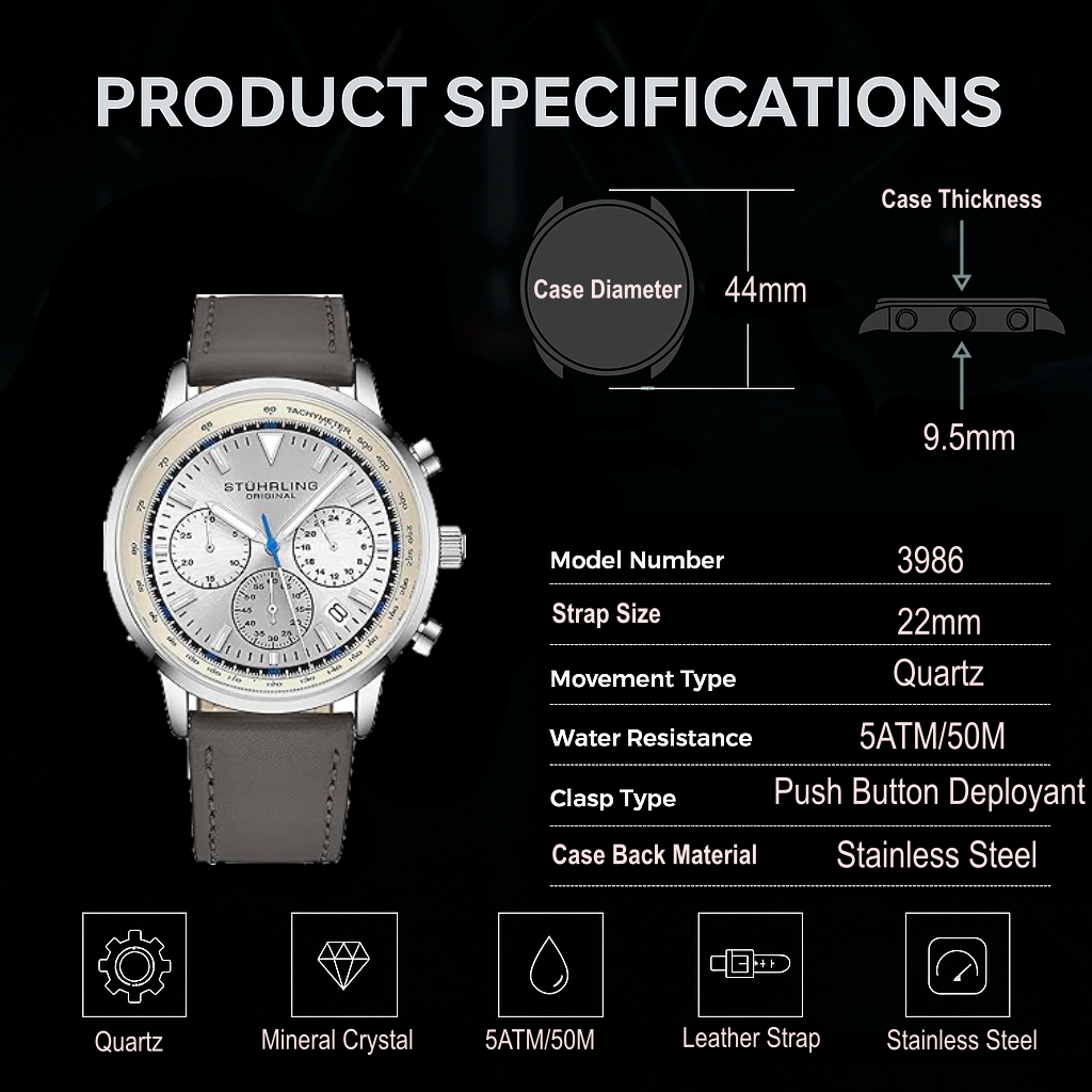 Fqbi Watches Monaco Chronograph with Tachymeter Quartz 3986L 44mm Watch