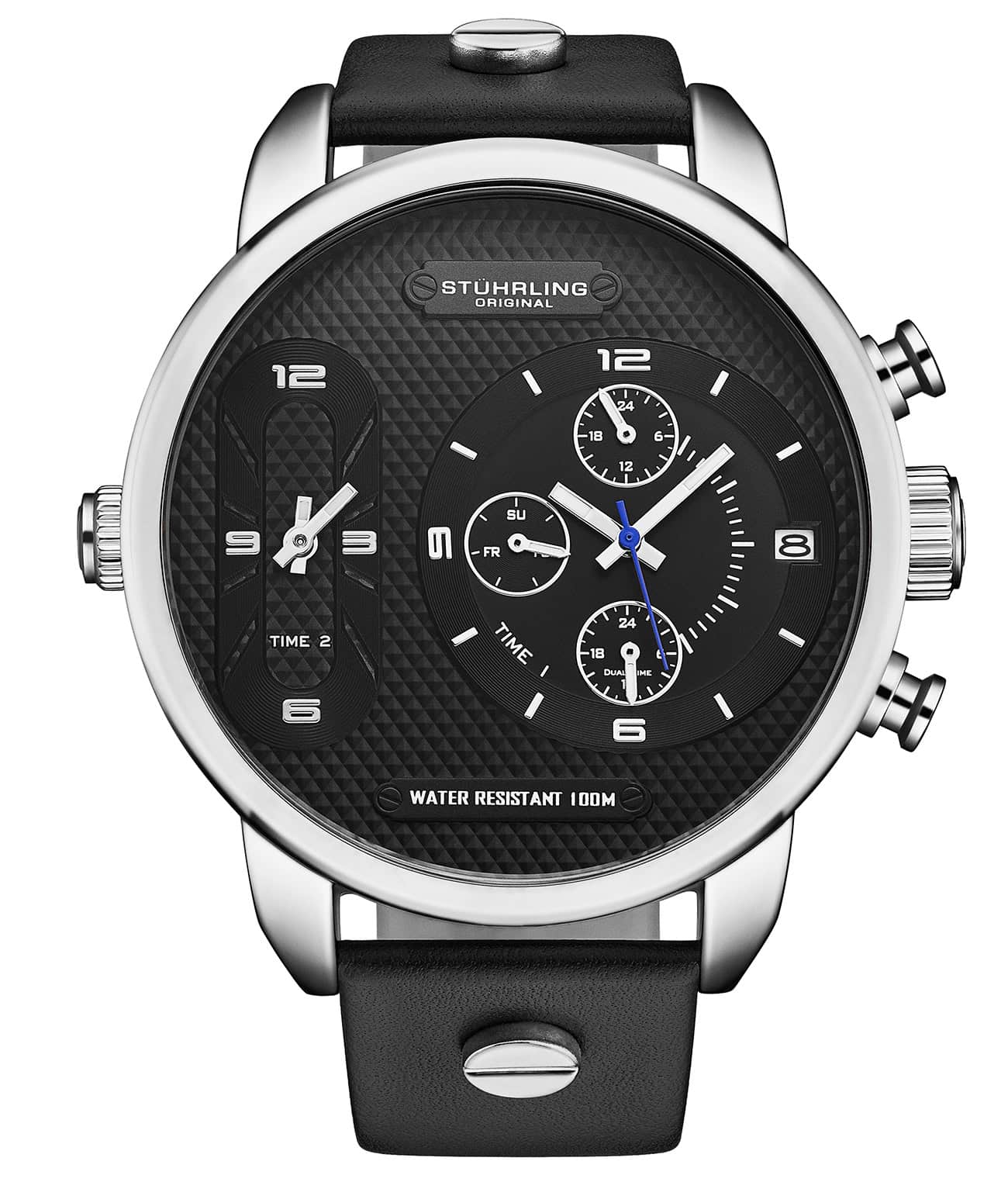 A Stuhrling Global GMT Japanese Quartz watch with a black dial and a black leather strap, featuring triple time zones, guilloche-like Damier dial, functional subdials, and a date window.