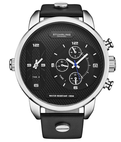 A Stuhrling Global GMT Japanese Quartz watch with a black dial and a black leather strap, featuring triple time zones, guilloche-like Damier dial, functional subdials, and a date window.