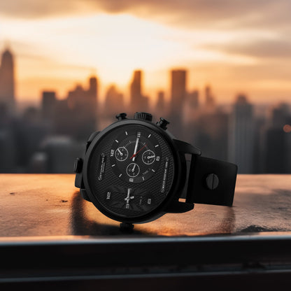 Black wristwatch on a wooden surface with a cityscape in the background during sunset.