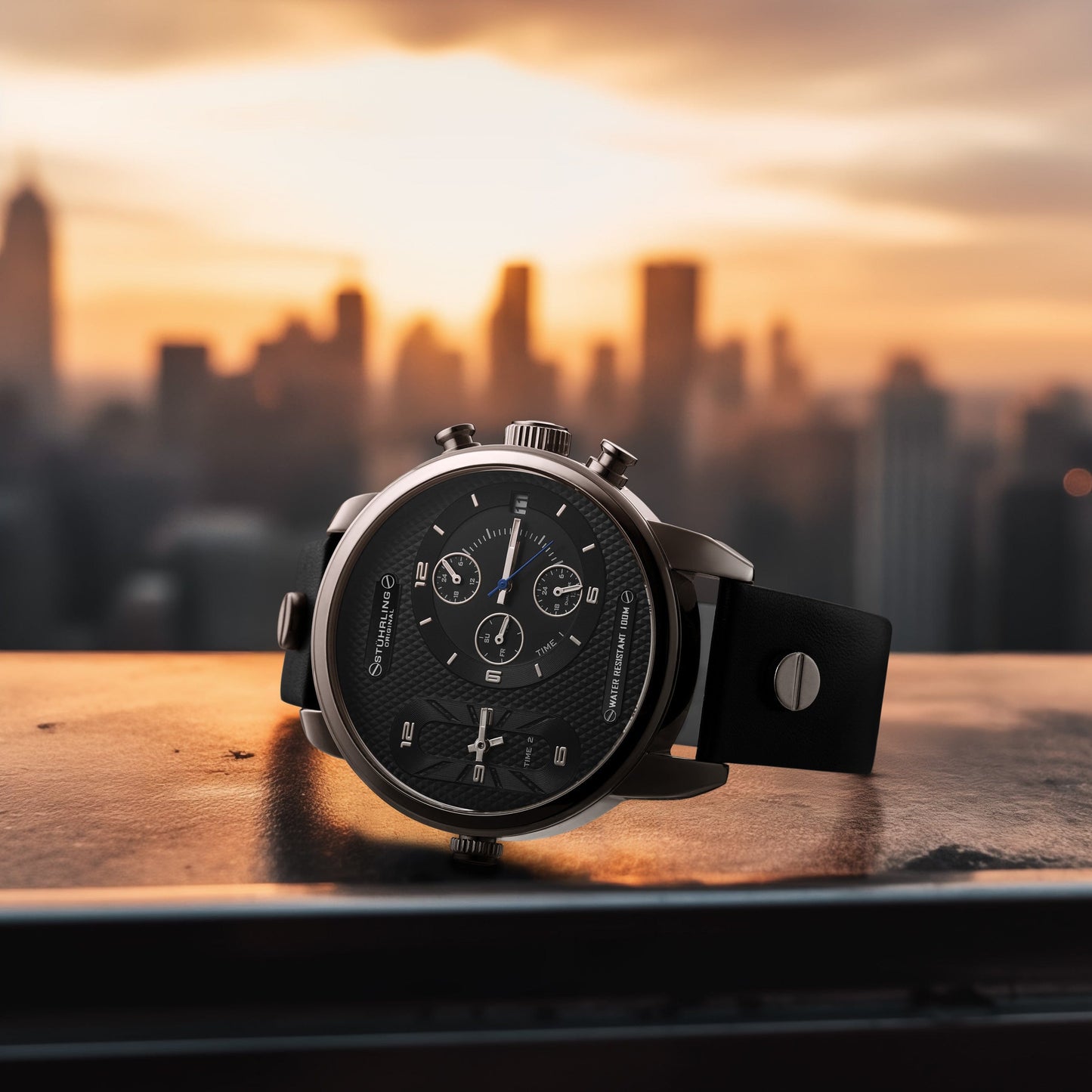 Black wristwatch on a wooden surface with a cityscape in the background during sunset.