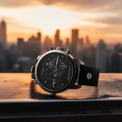Black wristwatch on a wooden surface with a cityscape in the background during sunset.