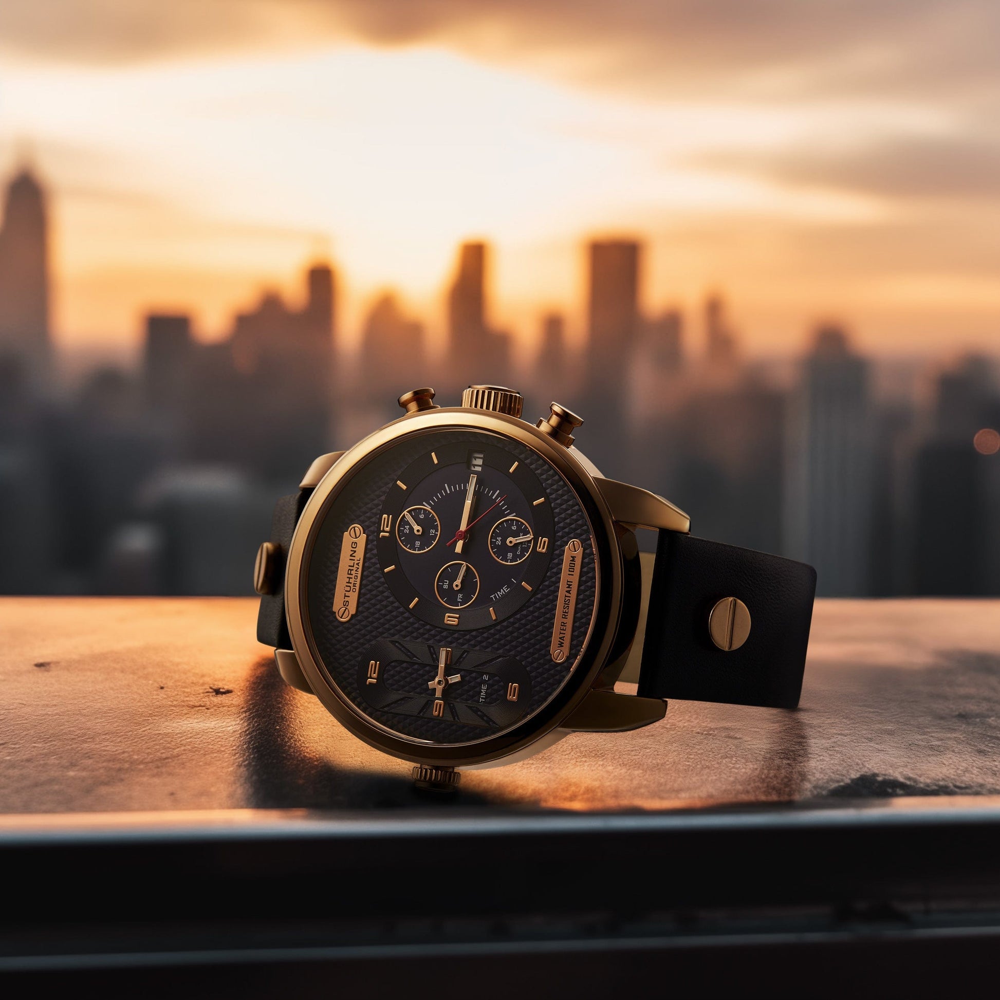 Luxury watch with black strap on a wooden surface with a cityscape in the background during sunset.