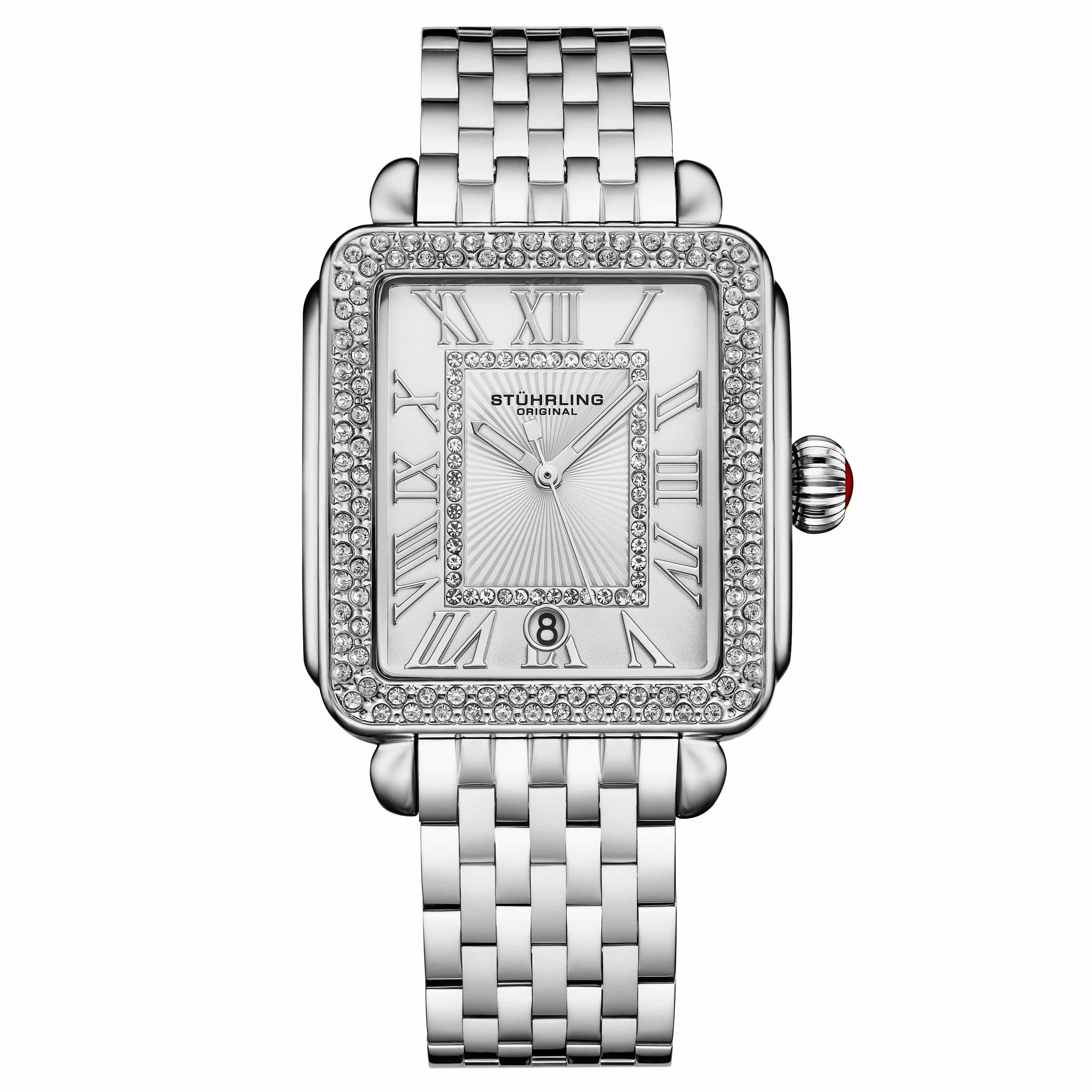 fqbihsj Original women’s luxury watch with a rectangular silver dial, Roman numerals, crystal-studded bezel, and silver stainless steel bracelet
