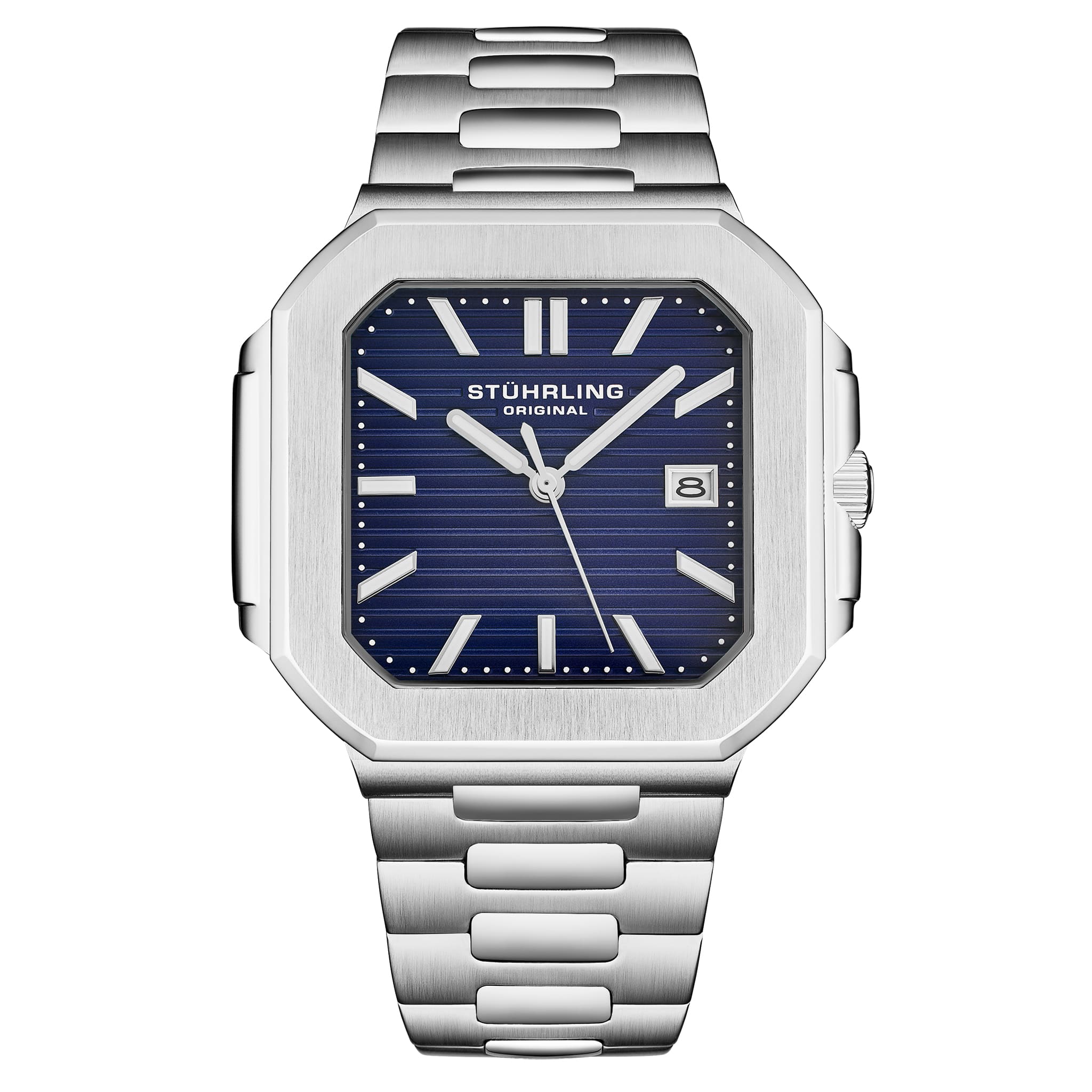 Silver fqbihsj watch with blue face on a white background