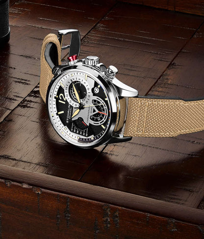 Black Dial / Silver Case / Beige Leather Strap Silver Tang Buckle