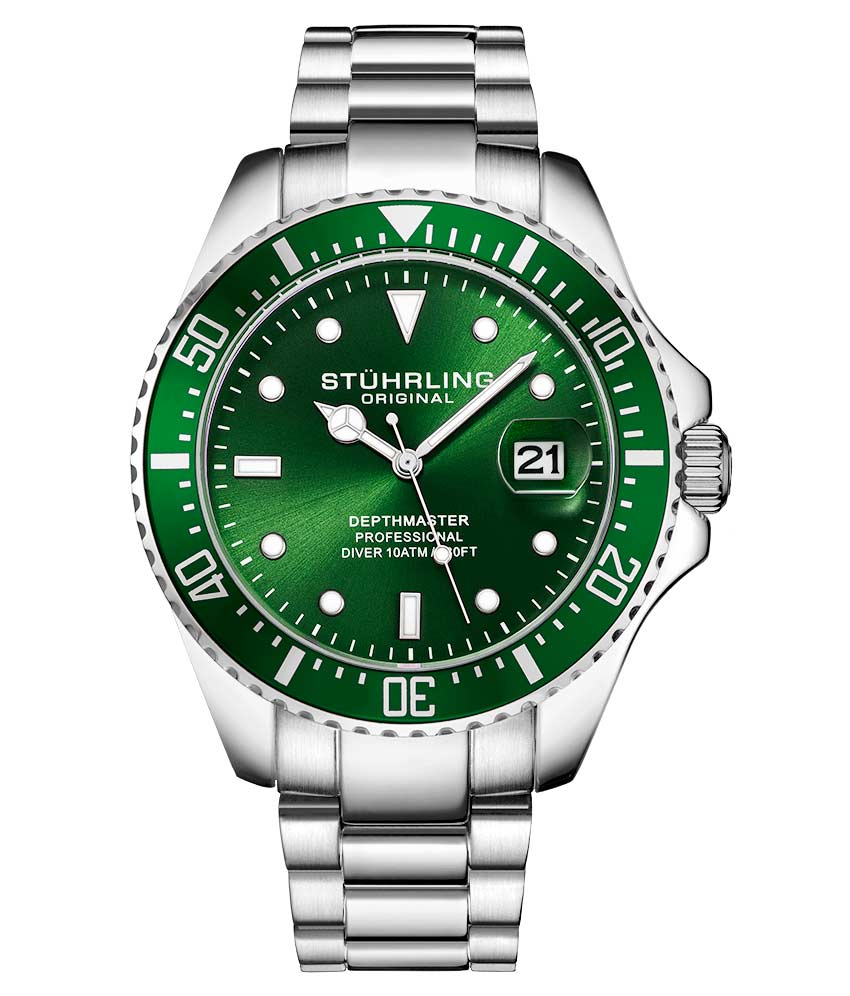 A Stühling dive watch with a green band and dial, surrounded by a stainless steel bracelet.