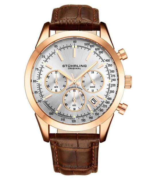 A Stühling watch with a rose gold case and a brown alligator embossed leather strap, featuring a silver dial and rose gold hands.