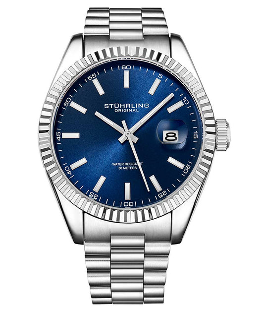 A Stühling watch with a blue dial, silver case, and stainless steel bracelet.
