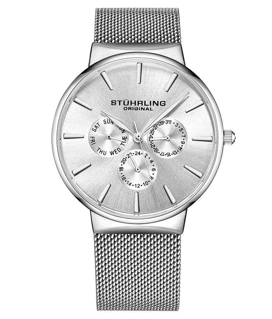 A Stühling original analog watch with a polished bezel and a stainless steel mesh bracelet.