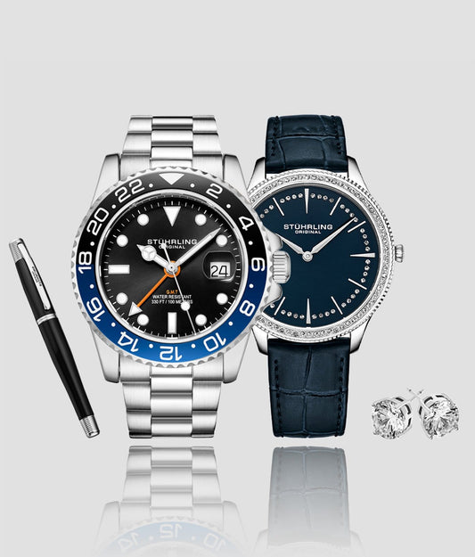 Diver + Dress Watch Set with Signature Pen and Stud Earring