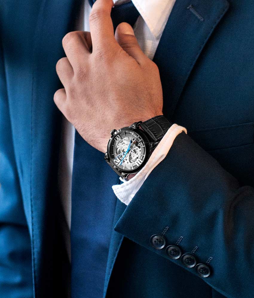 Black Dial / Black Case / Black Leather Strap Black PVD Tang Buckle