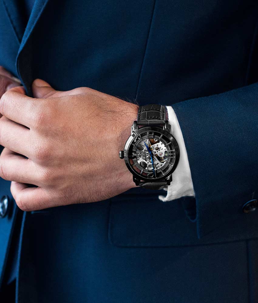 Black Dial / Black Case / Black Leather Strap Black PVD Tang Buckle