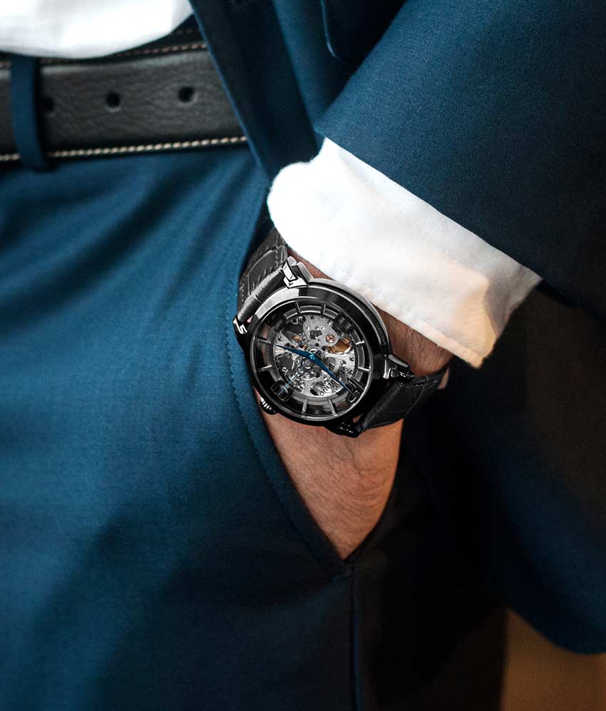 Black Dial / Black Case / Black Leather Strap Black PVD Tang Buckle