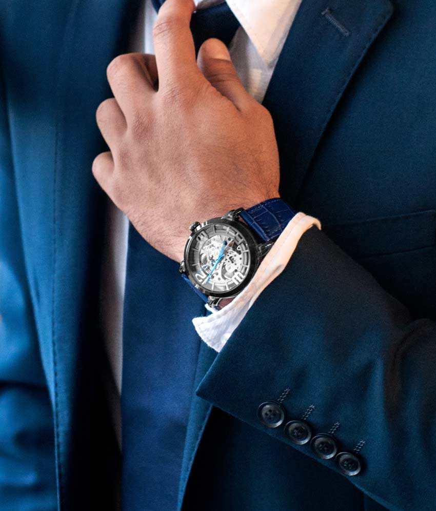 Gun Metal Grey Dial / Gun Metal Grey Case / Blue Leather Strap Tang Buckle