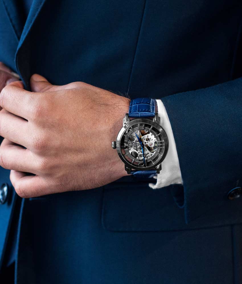 Gun Metal Grey Dial / Gun Metal Grey Case / Blue Leather Strap Tang Buckle