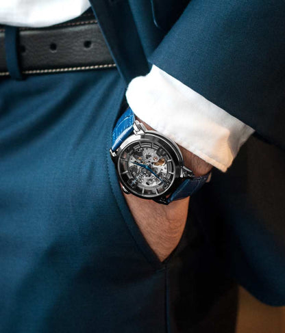 Gun Metal Grey Dial / Gun Metal Grey Case / Blue Leather Strap Tang Buckle