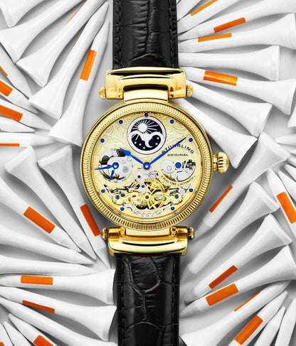 Gold Dial / Gold Case / Black Leather Strap Yellow Gold Layered Tang Buckle