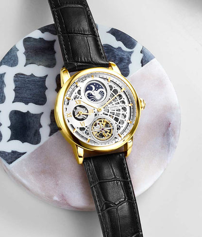 Silver Dial / Gold Case / Black Leather Strap Gold Layered Tang Buckle