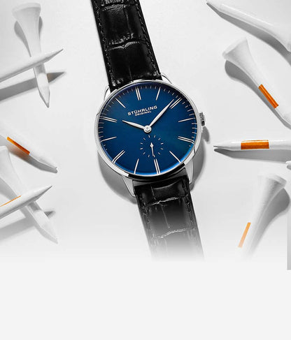 Blue Dial / Silver Case / Black Leather Strap Tang Buckle